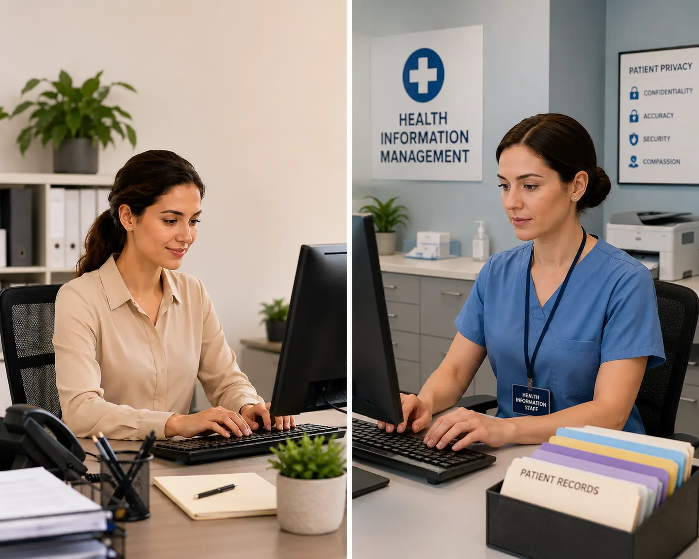 Professional Women In A Medical Office Split-screen image showing two professional women working at desktop computers, with an office administrator on the left and a health information staff member in a medical records office on the right.