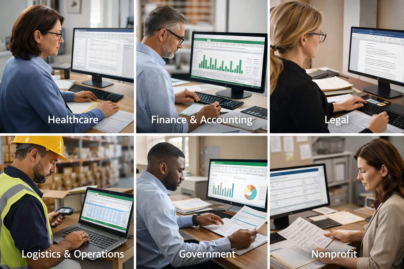 Professionals Using Excel And Word Across Industries Professionals in healthcare, finance, legal, and logistics using Word and Excel for daily work