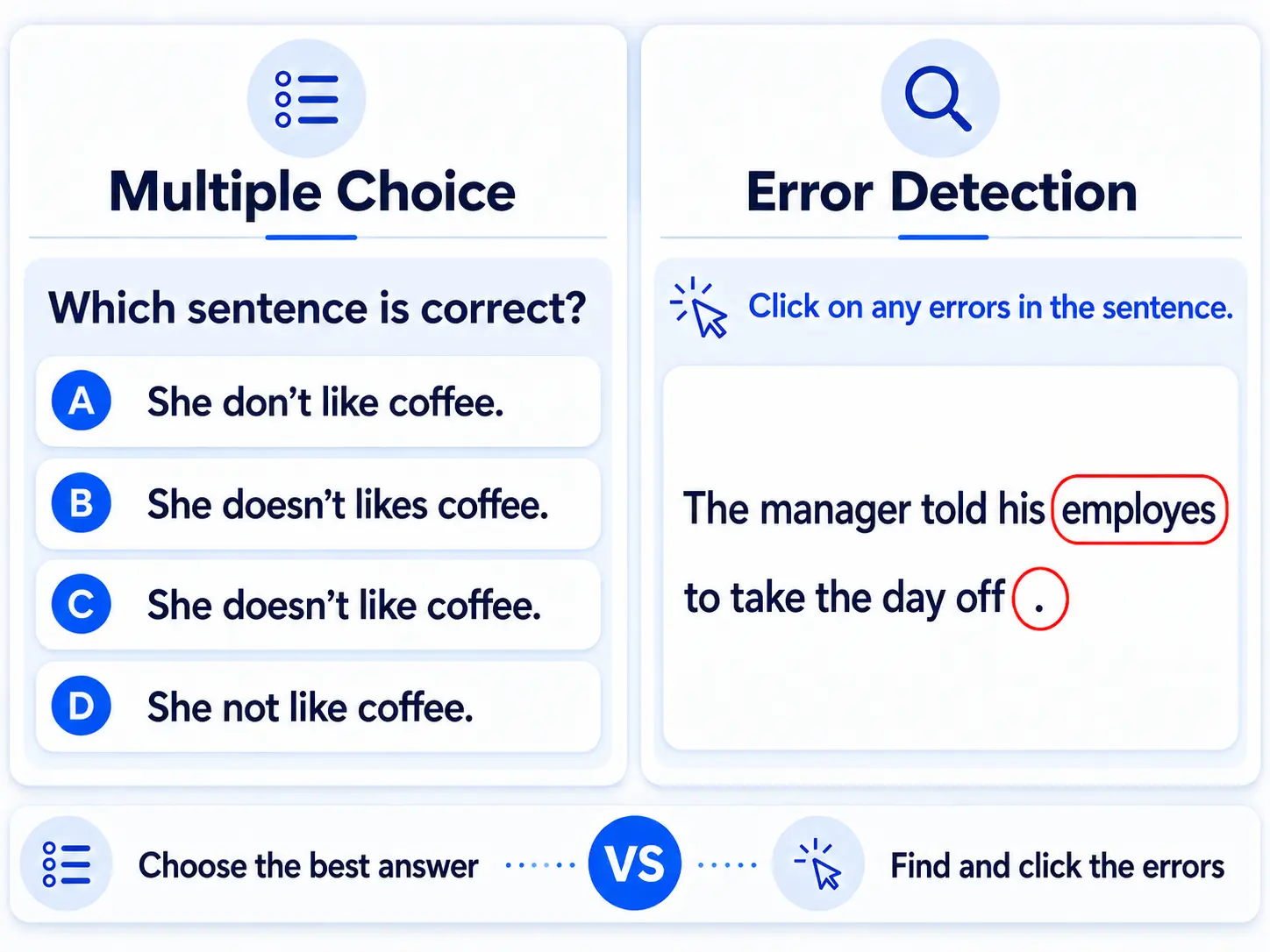 Quiz Interface Choose And Correct | EmployTest Error detection test format compared with a multiple choice proofreading question