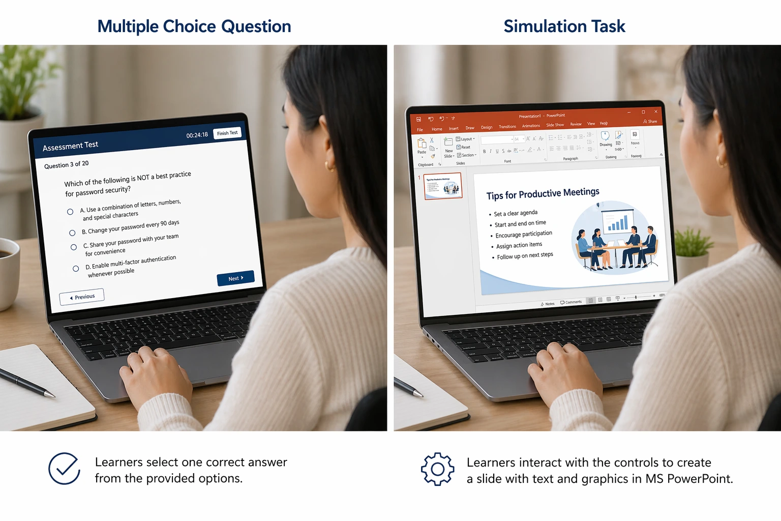 Quiz Formats Comparison Mcq Vs Simulation PowerPoint skills assessment using simulation tasks rather than multiple-choice questions for accurate pre-hire results.