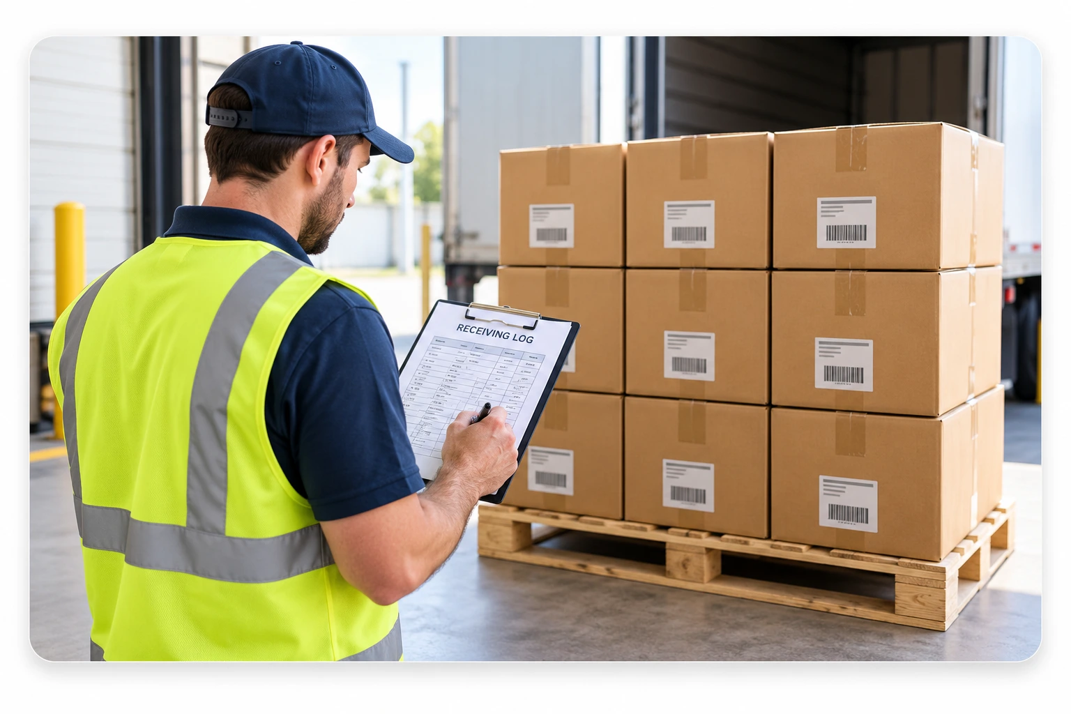 Receiving Log At The Loading Dock | EmployTest Warehouse receiving associate counting cartons on a pallet and recording the total on a receiving log