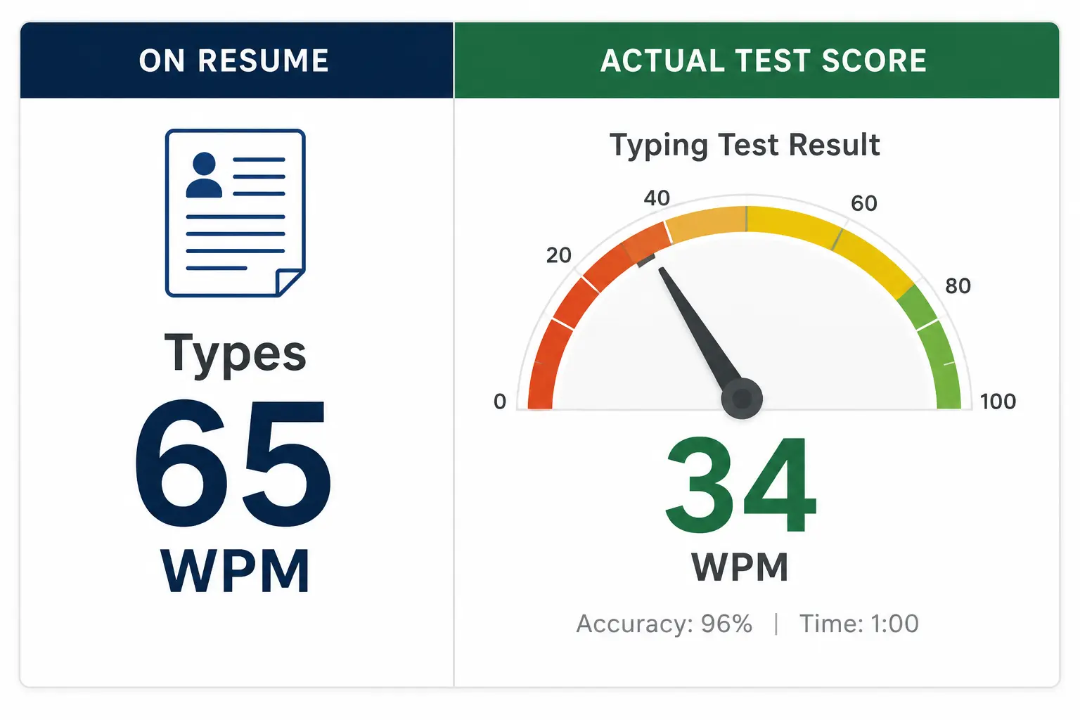 Resume Vs Test Score Comparison Two-column visual: left column shows resume line 'Types 65 WPM', right shows actual test score gauge at 34 WPM.