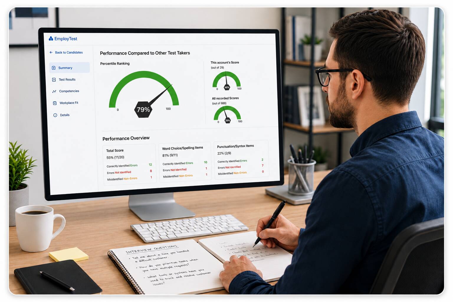 Reviewing Candidate Performance Report | EmployTest Hiring manager using proofreading test results to prepare interview questions