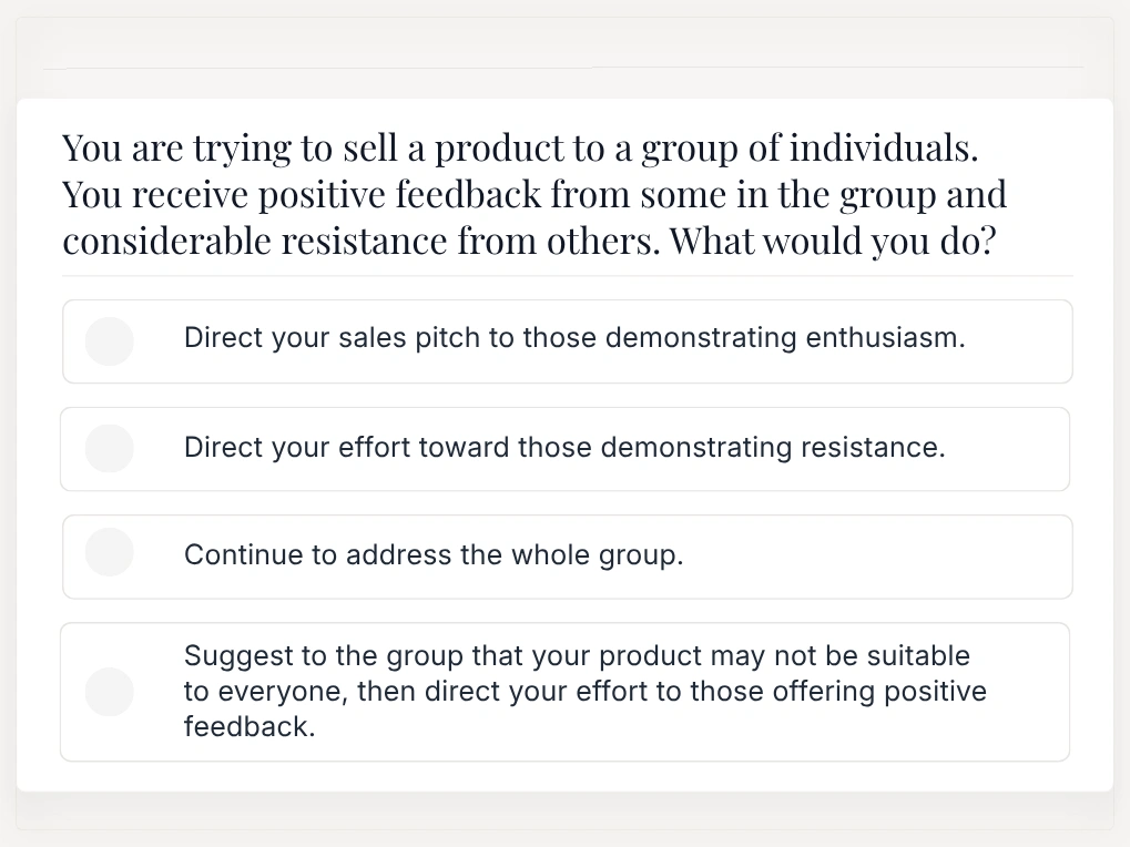 Sales Candidate Assessments Sample Question | EmployTest Sales Candidate Assessments Sample Question