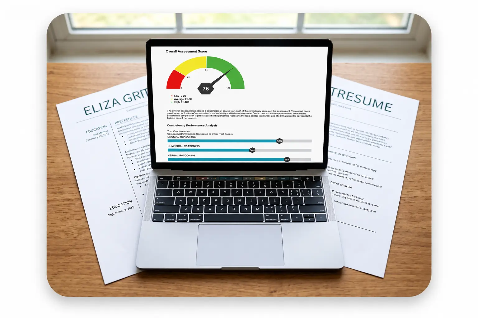 Score Report Shown In A Laptop | EmployTest Pre-employment logic and critical thinking test score compared against a stack of resumes