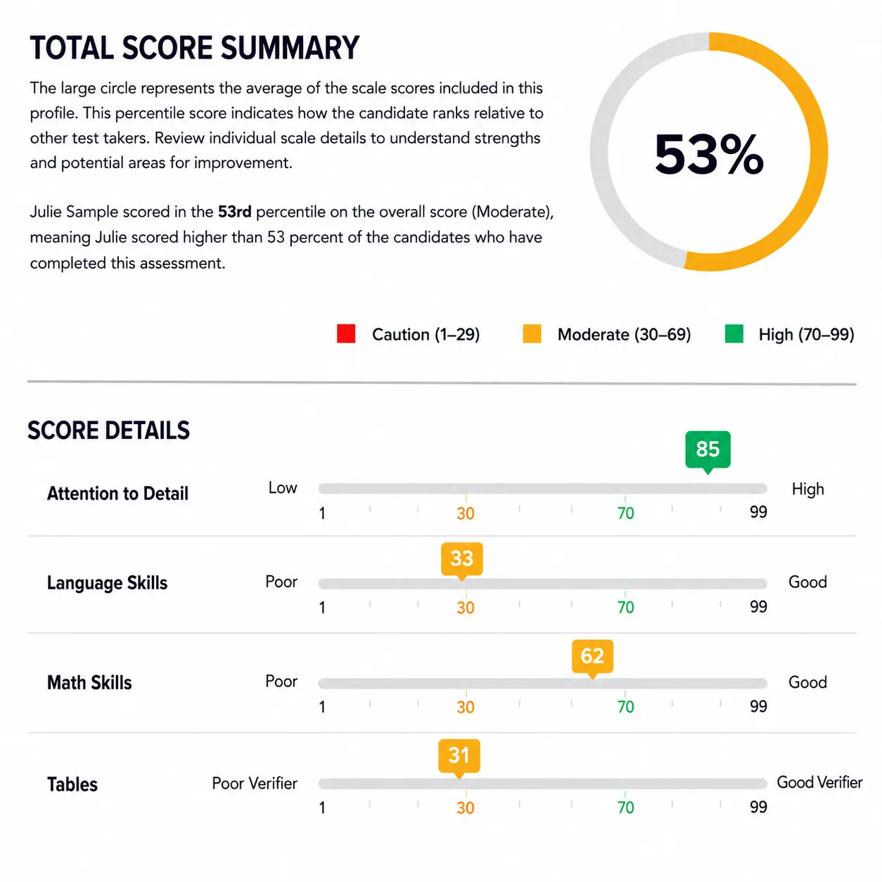 Score Summary And Detailed Breakdown Candidate assessment score report dashboard showing a 53% overall score with detailed ratings for Attention to Detail, Language Skills, Math Skills, and Tables displayed on horizontal performance scales.