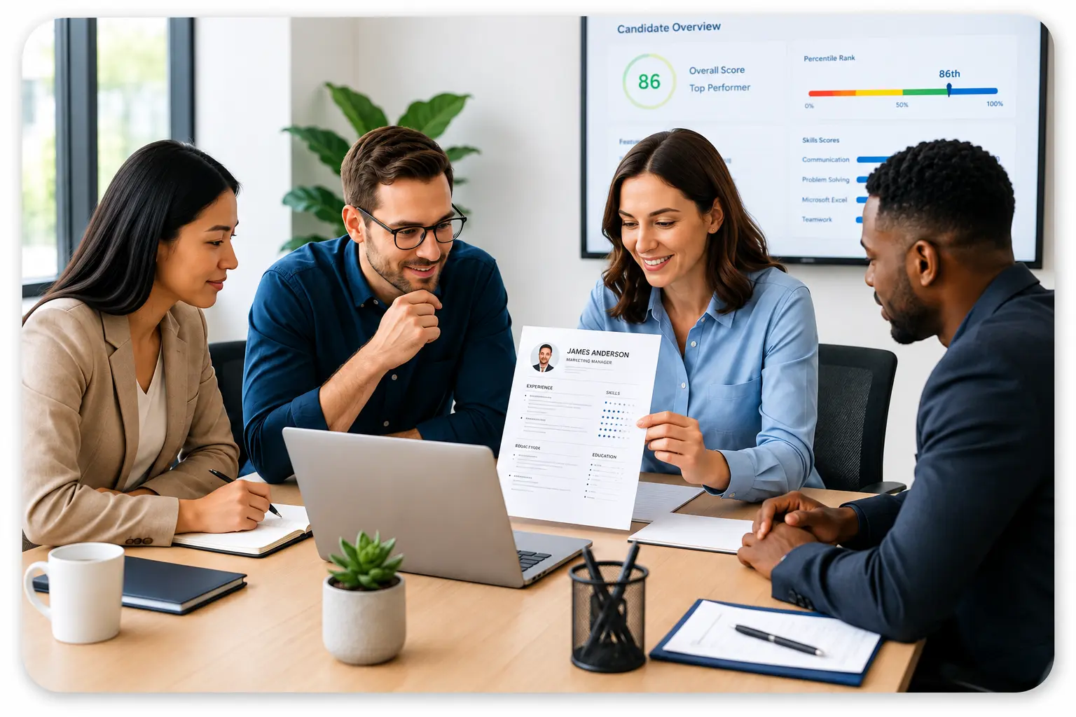 Small HR Team | EmployTest HR team reviewing candidates for an HR generalist position using a human resources assessment test for hiring