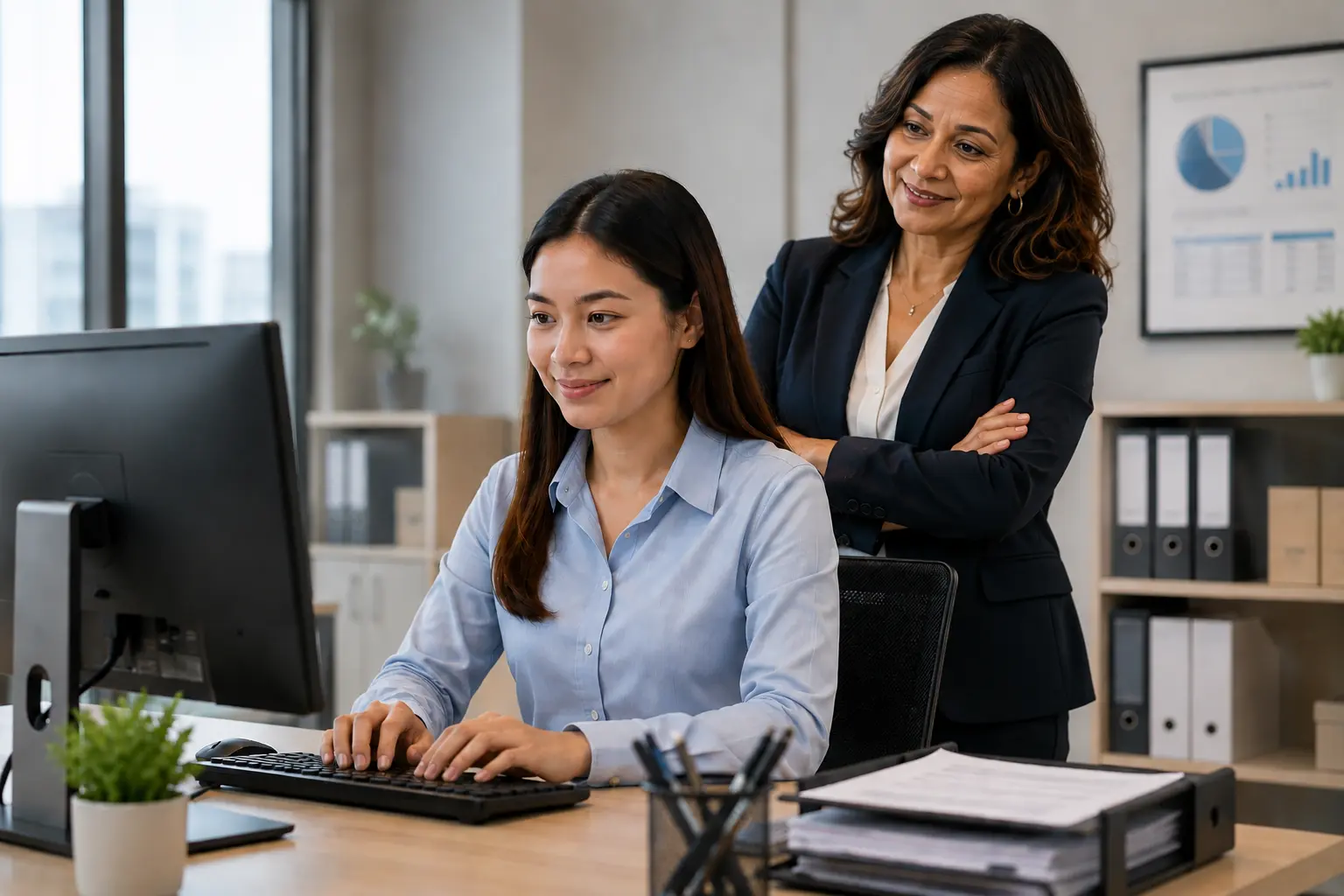 Supportive Teamwork In A Modern Office Young office employee typing at a desktop computer while a middle-aged manager stands behind her smiling in a modern professional office setting.