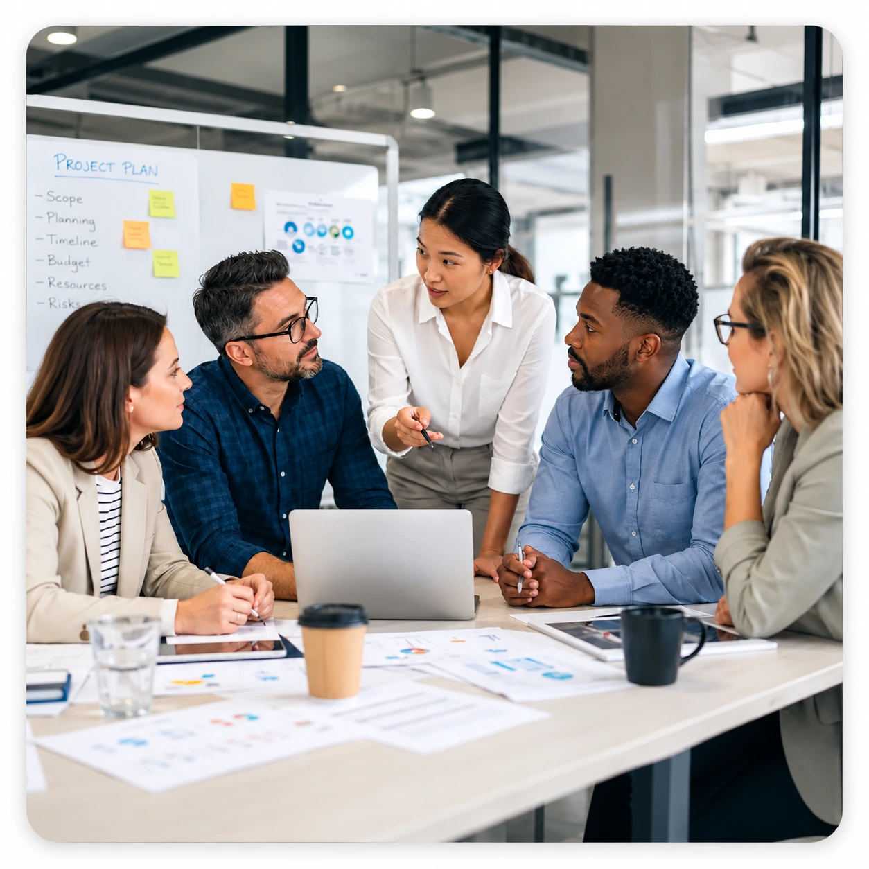Team Collaboration In A Meeting Room | EmployTest Project management professionals from different industries meeting to plan a project.