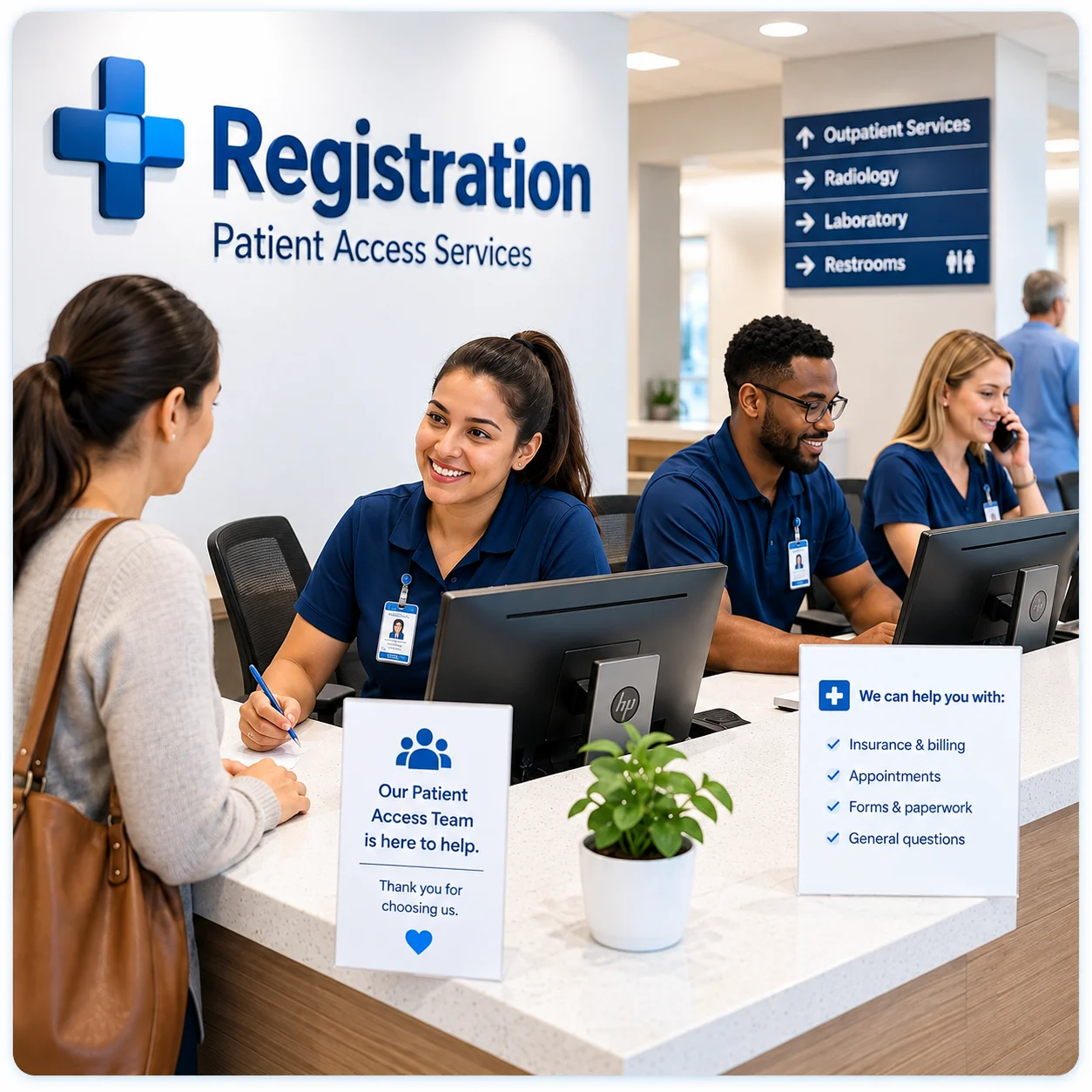 Team Of Patient Access Representatives Working At A Hospital Registration Counter | EmployTest Patient access representatives working at a hospital registration desk