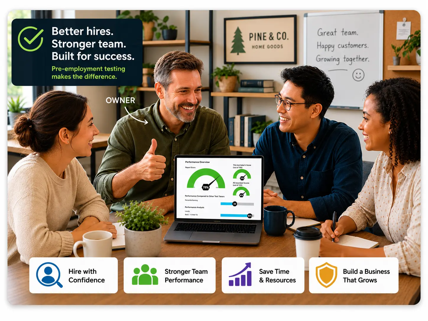 Teamwork And Success In The Workplace | EmployTest Small business owner reviewing pre-employment test results with a team of employees in a casual office, using candidate assessment data to make confident hiring decisions and build a stronger workforce.