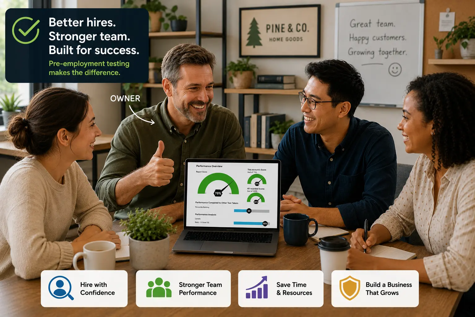 Teamwork And Success In The Workplace Small business owner reviewing pre-employment test results with a team of employees in a casual office, using candidate assessment data to make confident hiring decisions and build a stronger workforce.