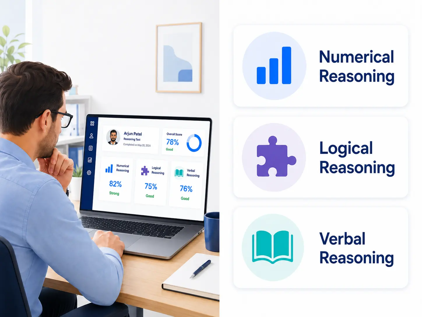 Thoughtful Workspace Skills Dashboard | EmployTest HR manager reviewing numerical, logical, and verbal reasoning scores for a job applicant