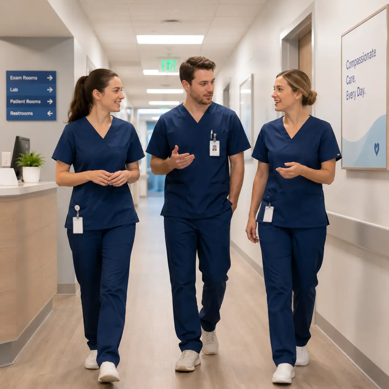 Three Care Staff In Scrubs Healthcare staff assessment used to hire CNAs, medical assistants, and home health aides