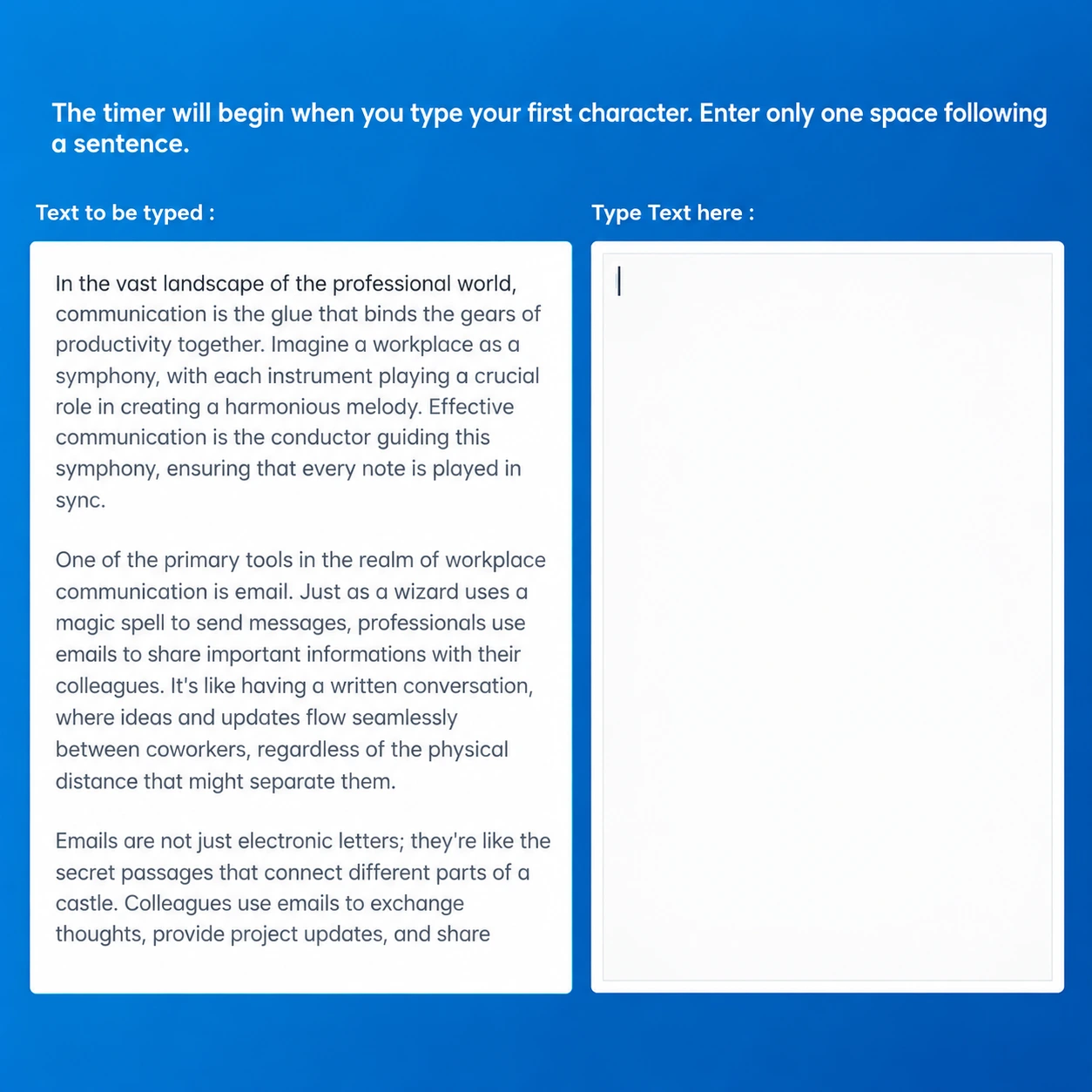 Typing Practice Interface | EmployTest Screenshot of a typing skills test showing a sample passage about workplace communication beside an empty text field where applicants type their responses.