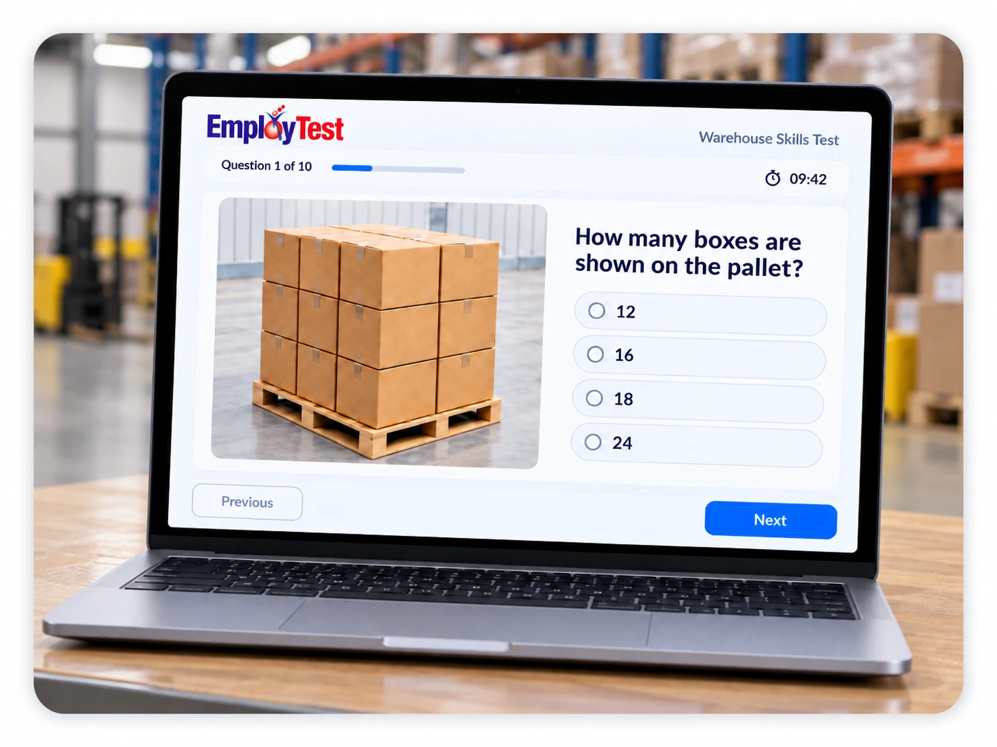 Warehouse Skills Test On Tablet | EmployTest Sample warehouse test question with a photo of a multi-layer carton stack on a laptop screen