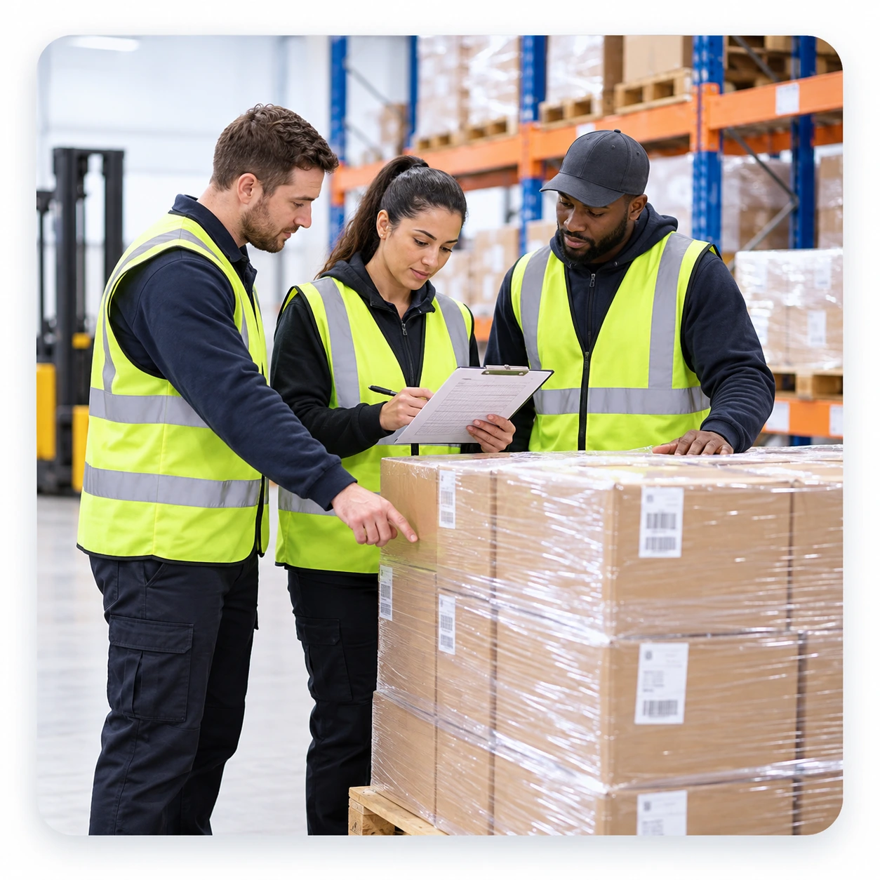 Warehouse Team Inventory Check | EmployTest Warehouse associates and a forklift operator reviewing an inventory count beside pallet racking