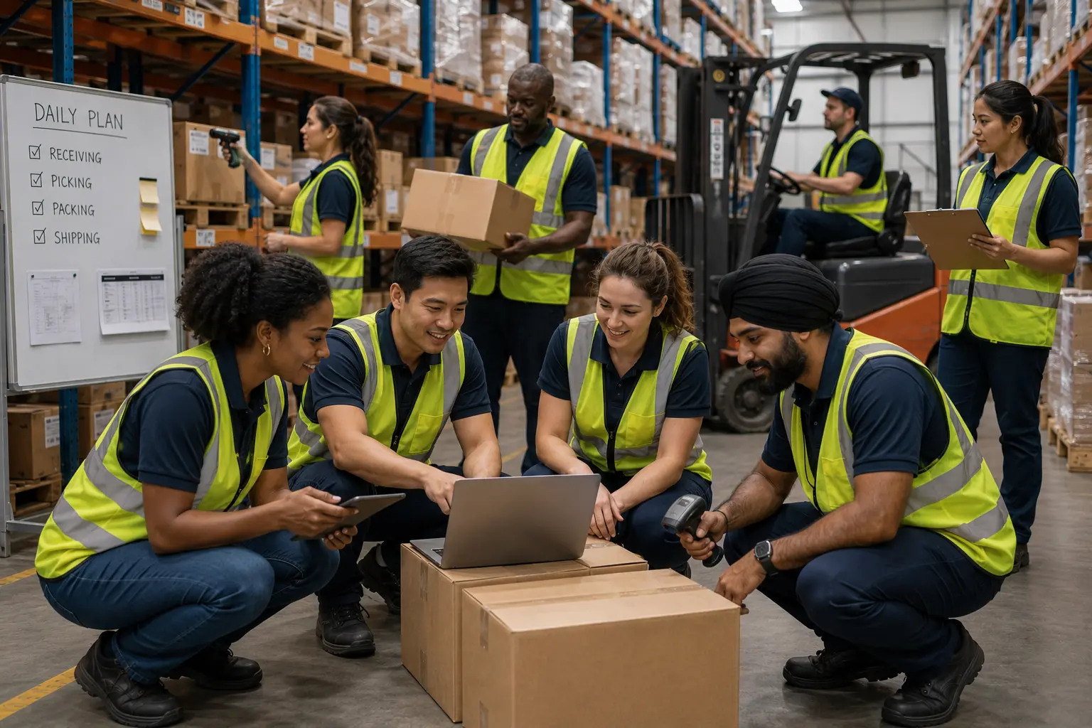 Warehouse Team Collaborating On Daily Plan Warehouse team members working together after a workplace success profile assessment