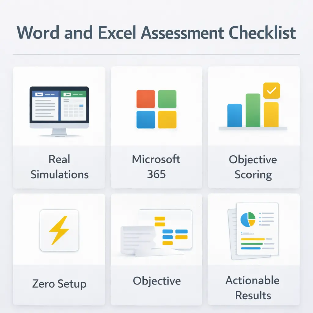 Word And Excel Assessment Overview Checklist of features for a professional Word and Excel assessment test including simulations and objective scoring.