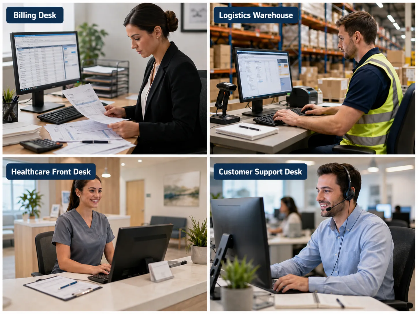 Workplace Roles Collage Infographic Job positions that benefit from an alphanumeric data entry test.