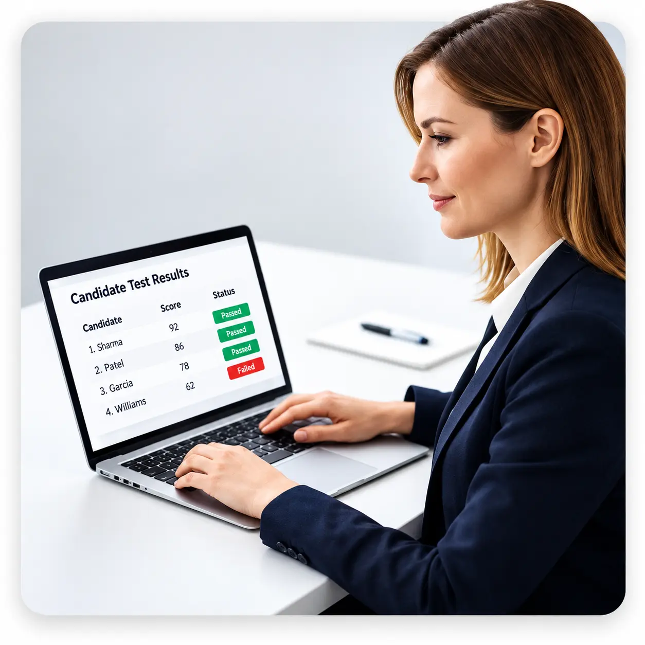 Hiring Manager Reviewing Candidate Results | EmployTest HR manager reviewing a candidate's numerical aptitude test results on a laptop.