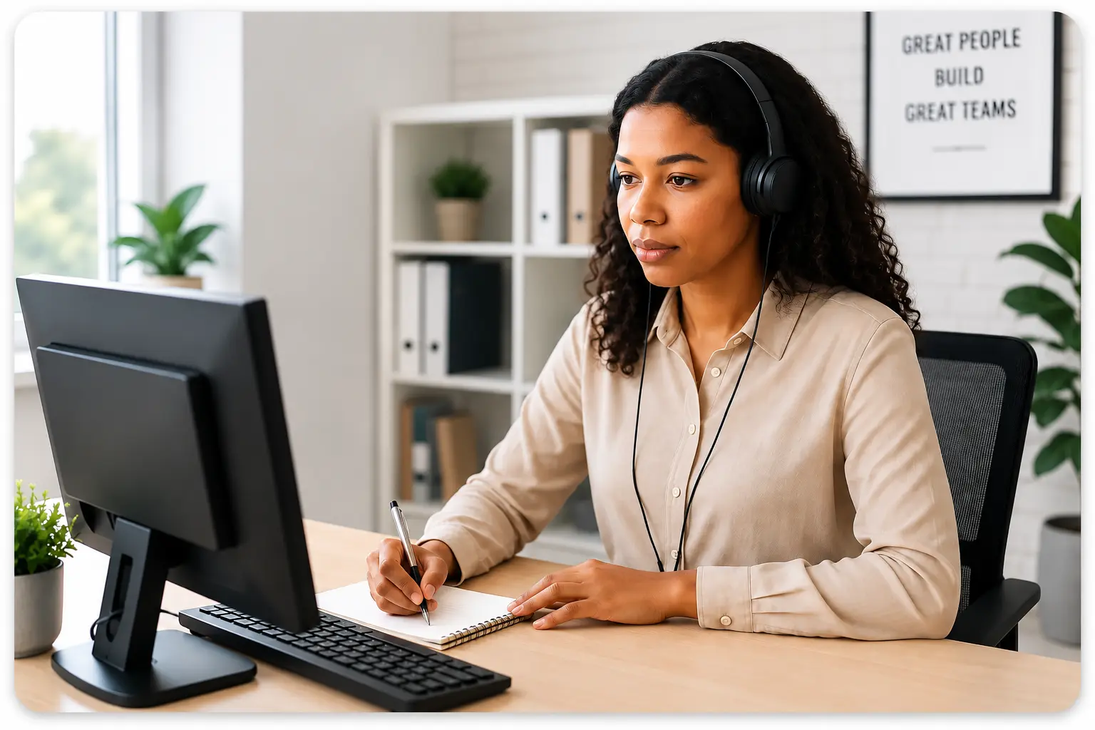 Transcriptionist Working | EmployTest Employee transcribing audio into a data entry system at her desk