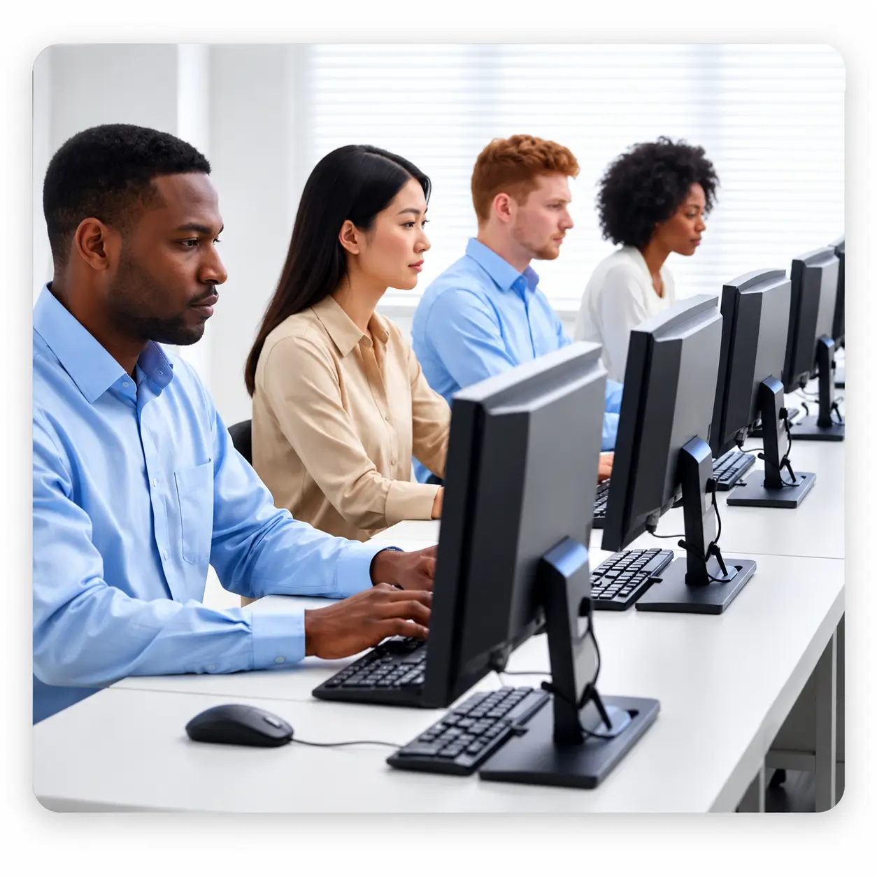 Workers On Their Desks | EmployTest Diverse group of job candidates taking a pre-employment math test on computers in an office.