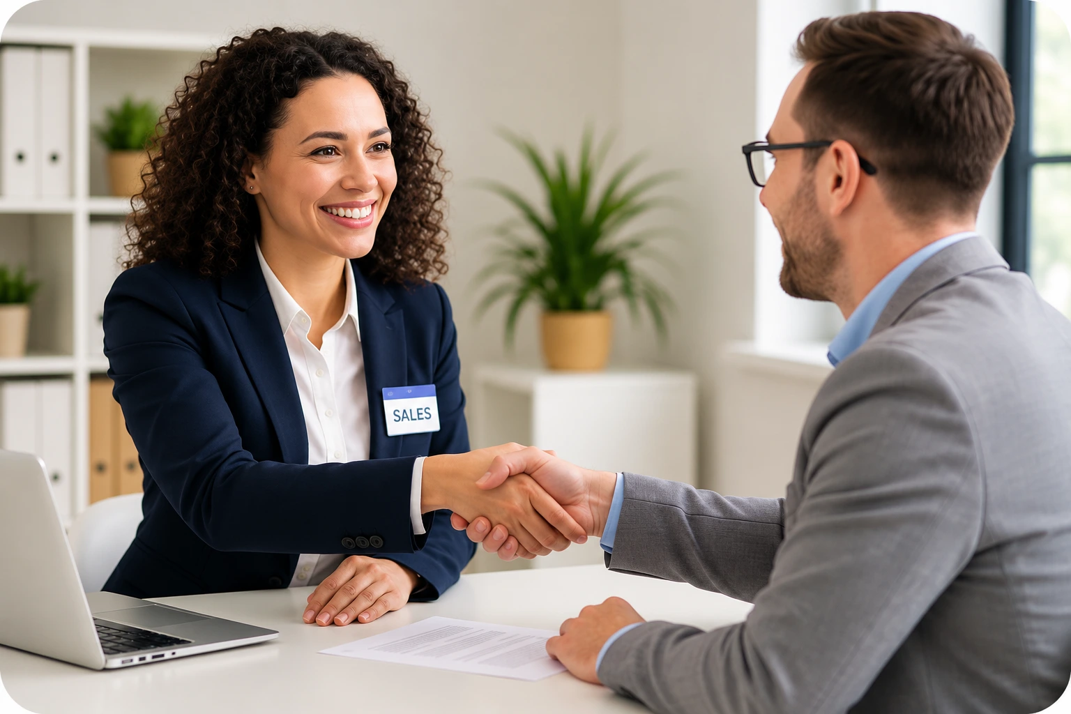 Friendly Sales Meeting Handshake | EmployTest Saleswoman confirming a deal with a client, illustrating the selling skills measured in a sales skills test.