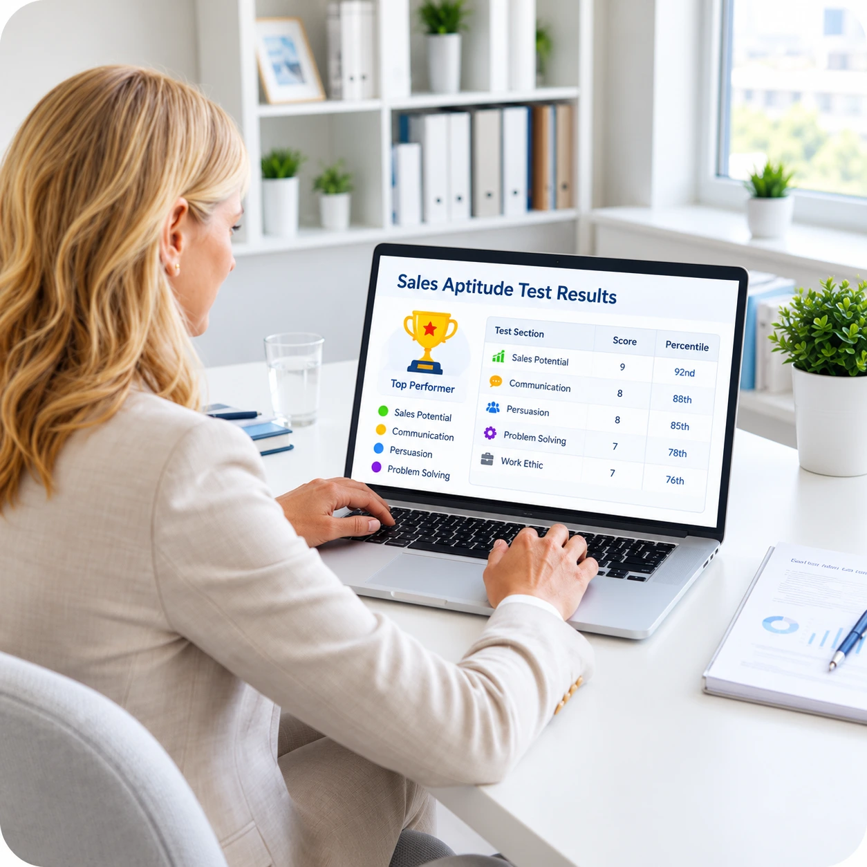 Sales Aptitude Results In A Bright Office | EmployTest HR manager reviewing sales aptitude test results on a laptop to compare top candidates during the hiring process
