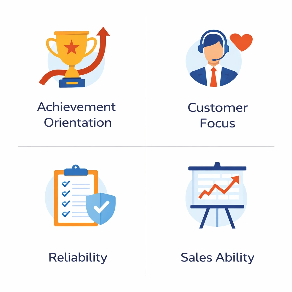 Sales Aptitude Competencies Infographic | EmployTest Four key competencies measured by EmployTest’s sales aptitude test: Achievement Orientation, Customer Focus, Reliability, and Sales Ability.