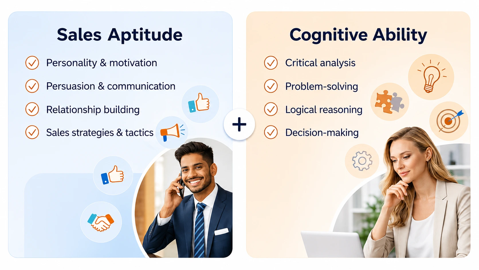 A smiling man in a business suit is on the left side, talking on the phone, while a contemplative woman on the right side appears to be analyzing or studying, with icons representi
