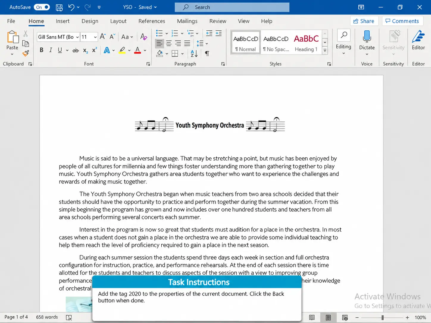 Microsoft Word Advanced Test Sample Question | EmployTest Microsoft Word 365 Advanced Test sample question instructing applicants to add the tag "2020" to a document's properties.