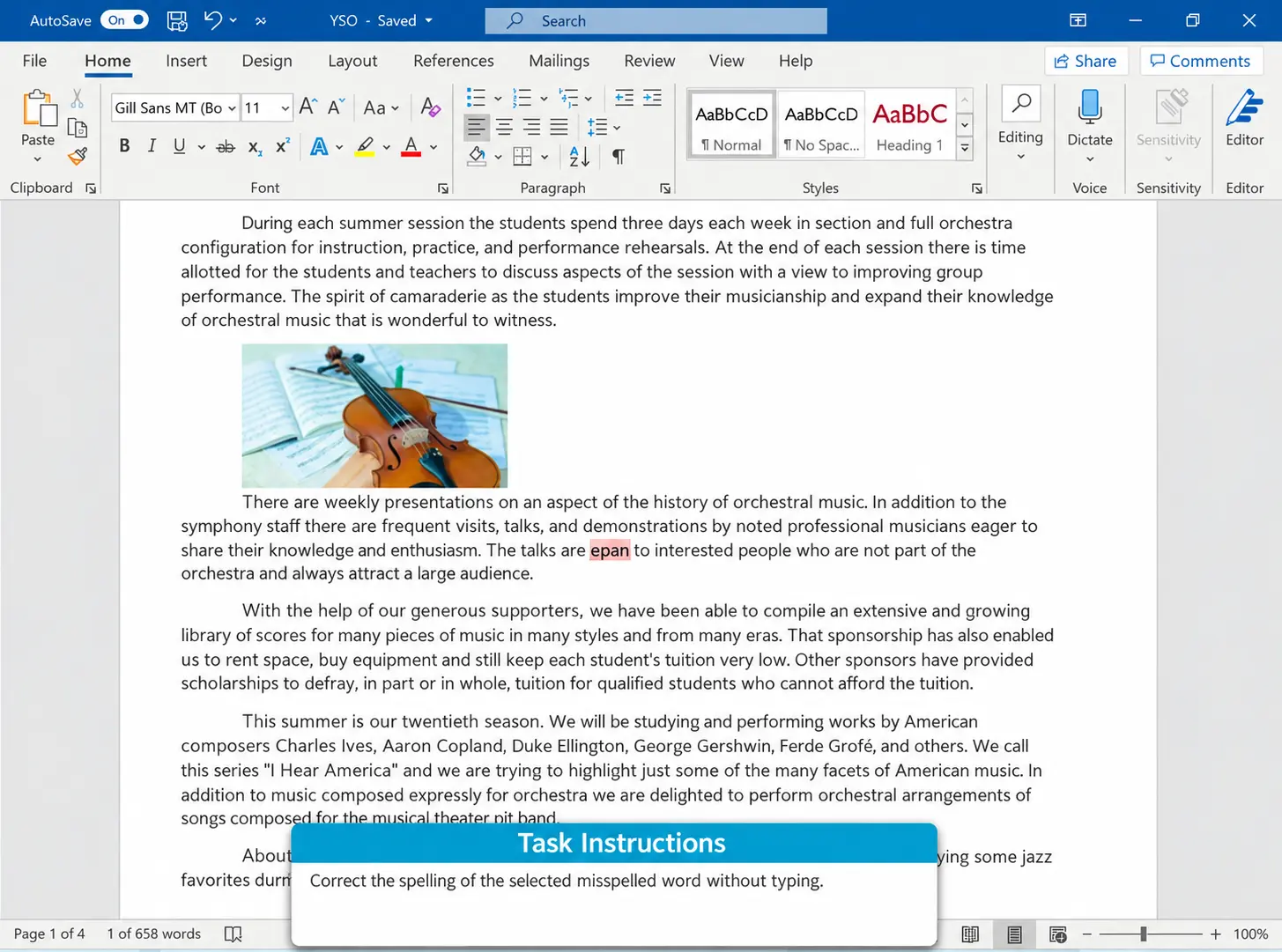 Microsoft Word Beginner Test Sample Question | EmployTest Microsoft Word 365 Beginner Test sample question requiring applicants to correct a misspelled word in a document without typing.