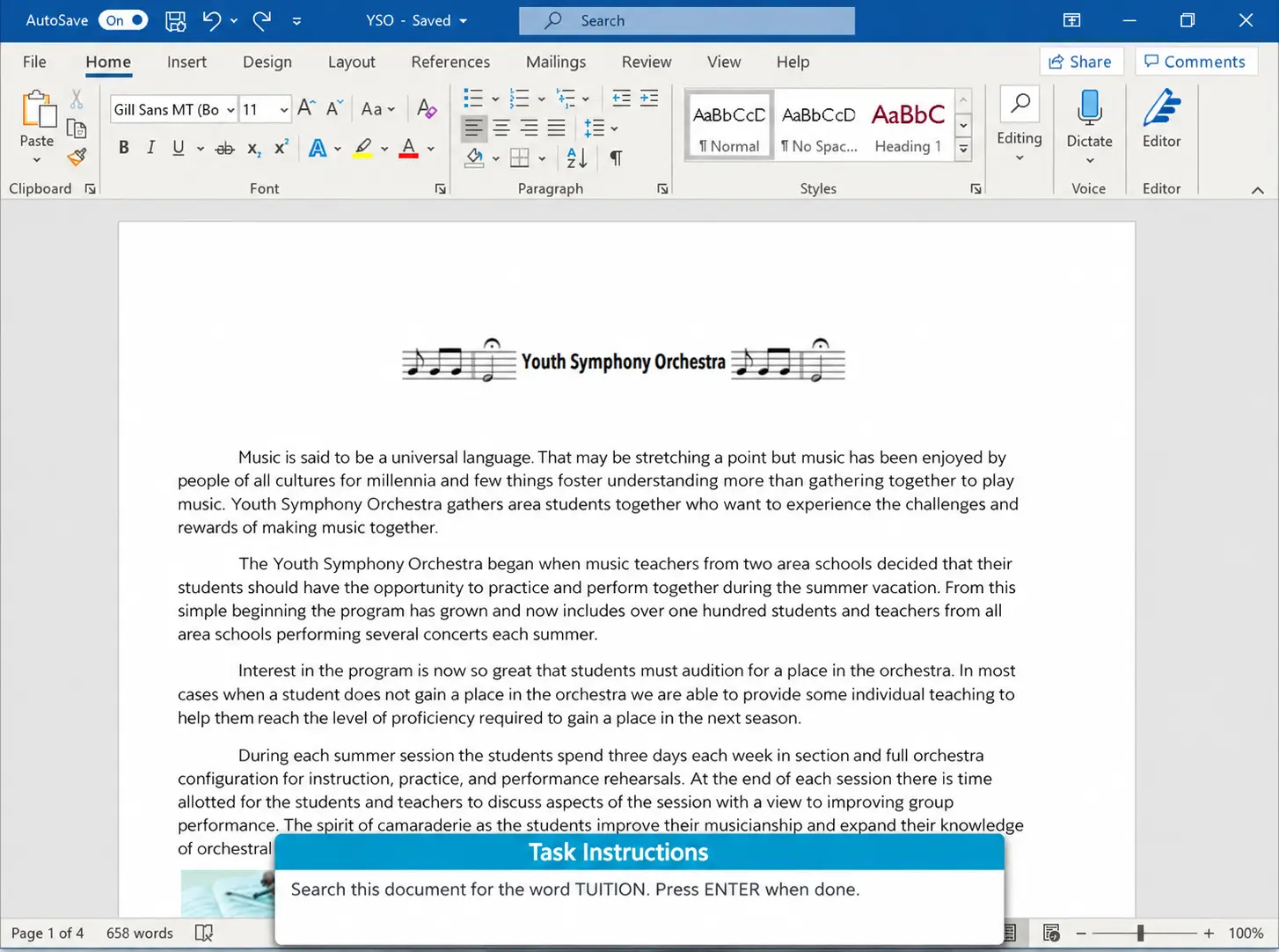 Microsoft Word Intermediate Test Sample Question | EmployTest Microsoft Word 365 Intermediate Test sample question asking applicants to search a document for the word "TUITION" using Word's search feature.