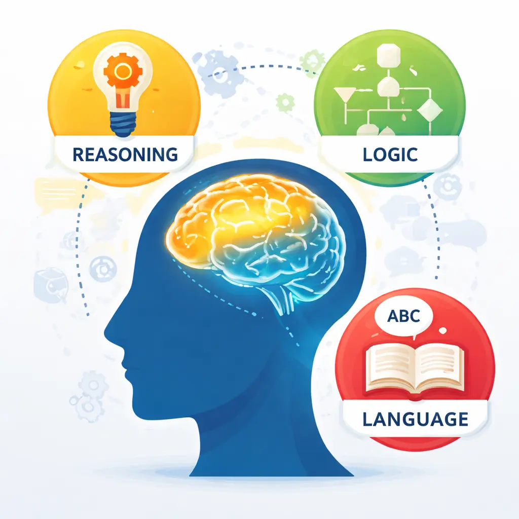 Cognitive Skills Infographic Illustration Infographic-style illustration of a head silhouette with a highlighted brain and icons representing reasoning, logic, and language skills, symbolizing cognitive ability testing for employment.
