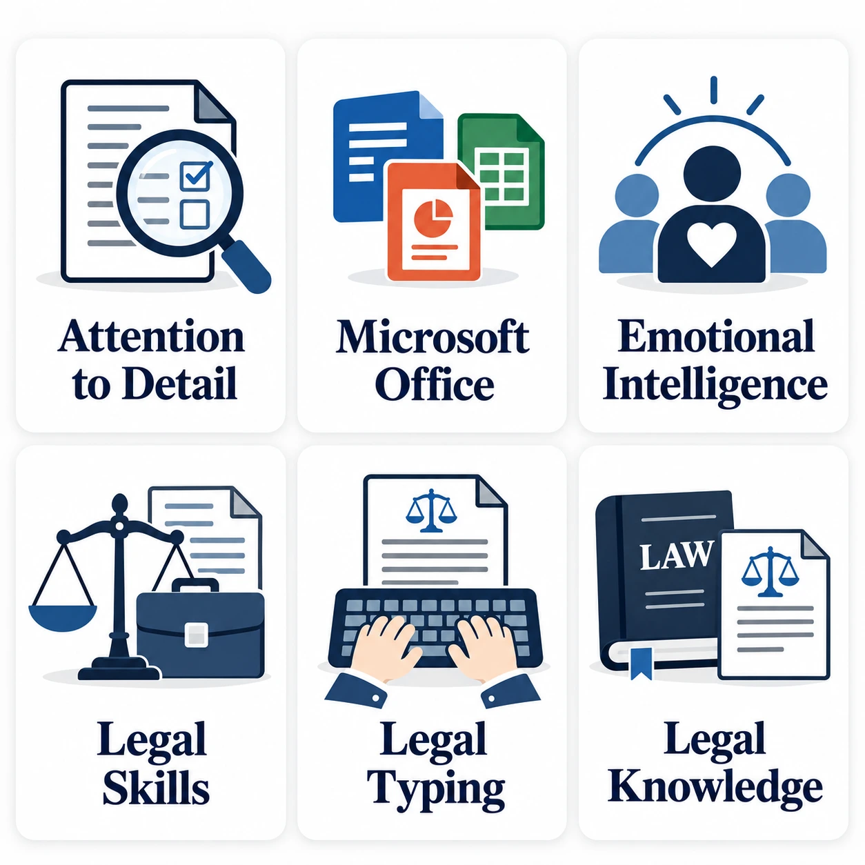 Legal Hiring Assessment Test Options | EmployTest Six pre-employment test cards for Attention to Detail, Microsoft Office, Emotional Intelligence, Legal Skills, Legal Typing, and Legal Knowledge.