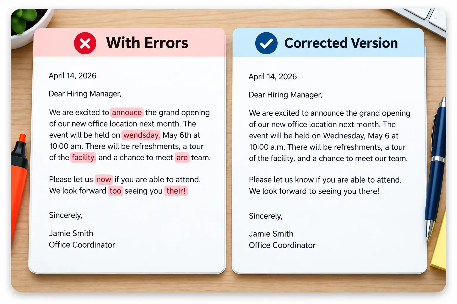 Document Comparison With Errors Vs Corrected Version | EmployTest Pre-employment proofreading assessment highlights grammar, spelling, and punctuation errors in business writing samples