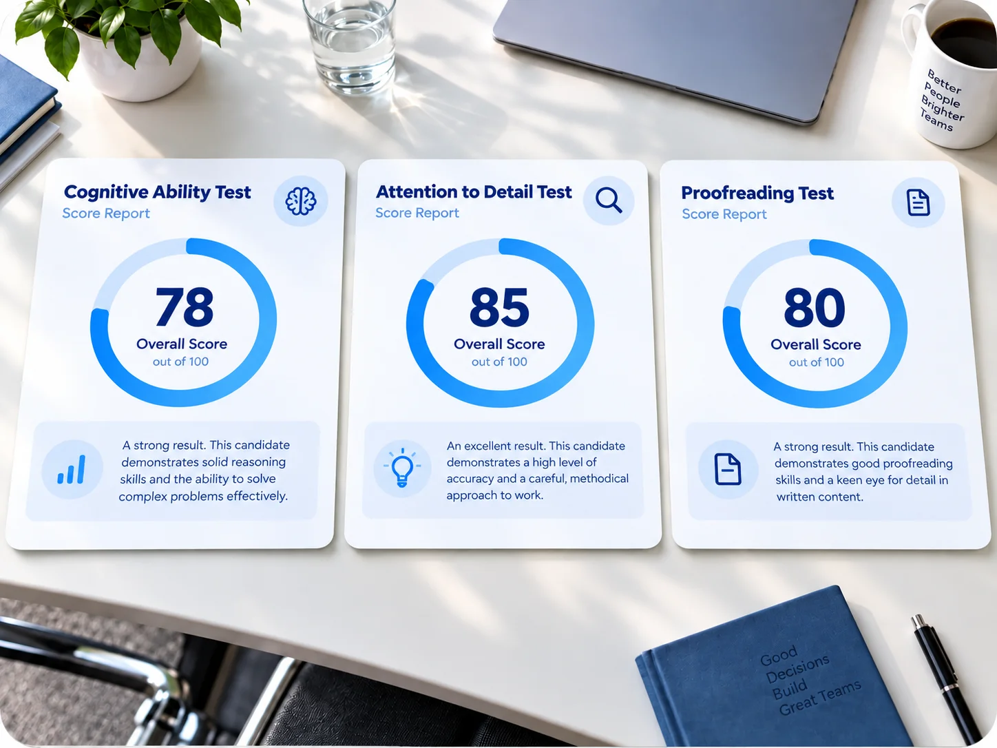 Blue Workplace Assessment Scorecards | EmployTest Pairing the proofreading skills assessment with cognitive ability and attention to detail tests for a complete hiring picture