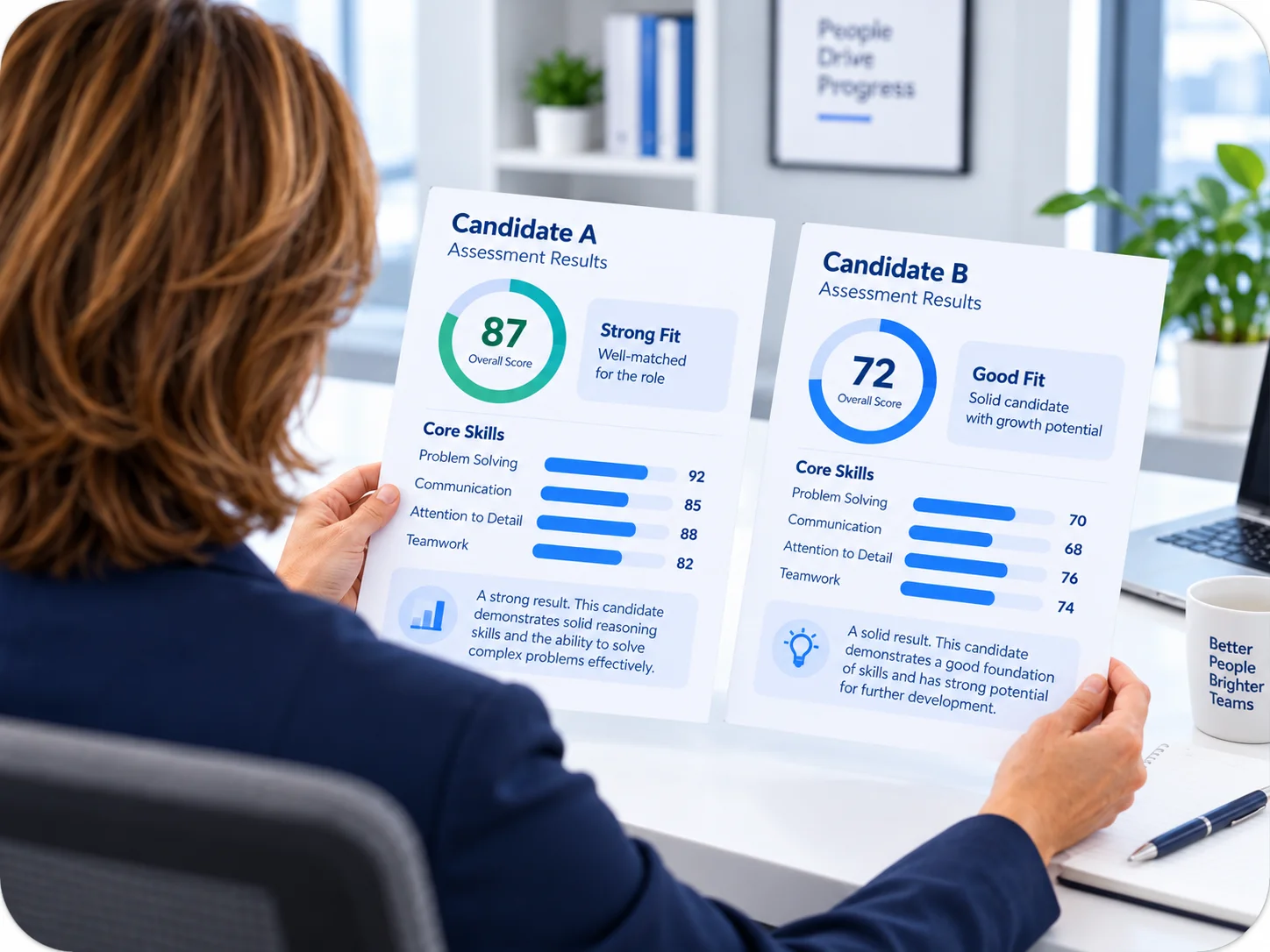 Comparing Candidate Assessment Results | EmployTest HR manager comparing proofreading test for employment score reports to identify the best candidate